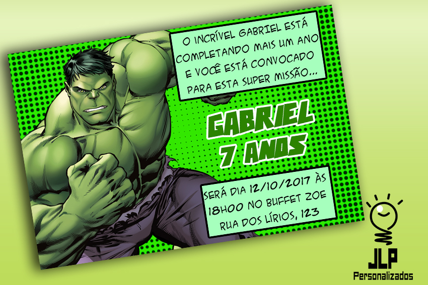 convite personalizados do Hulk